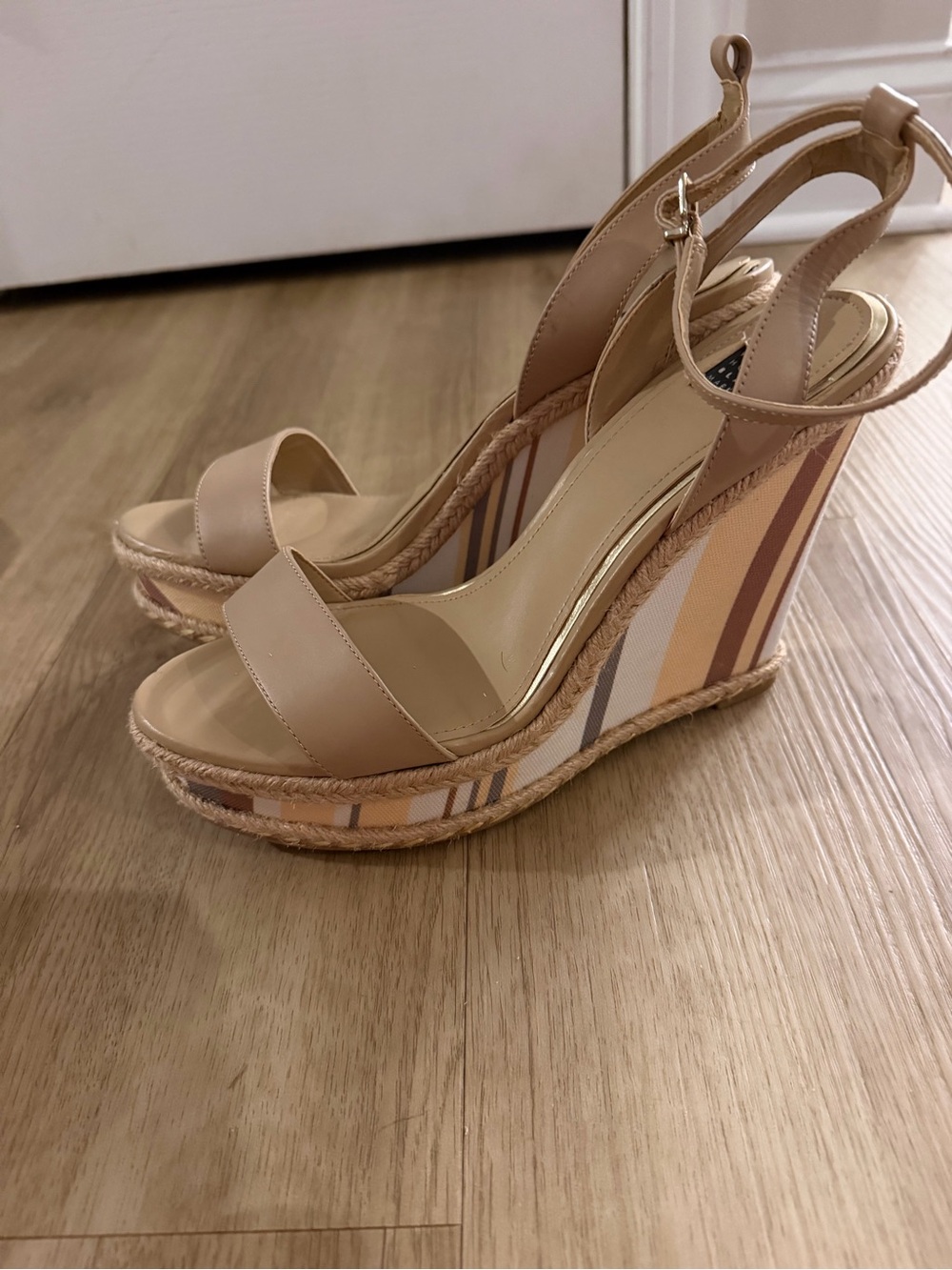 White House Black Market Beige Striped Espadrille Wedge Sandals